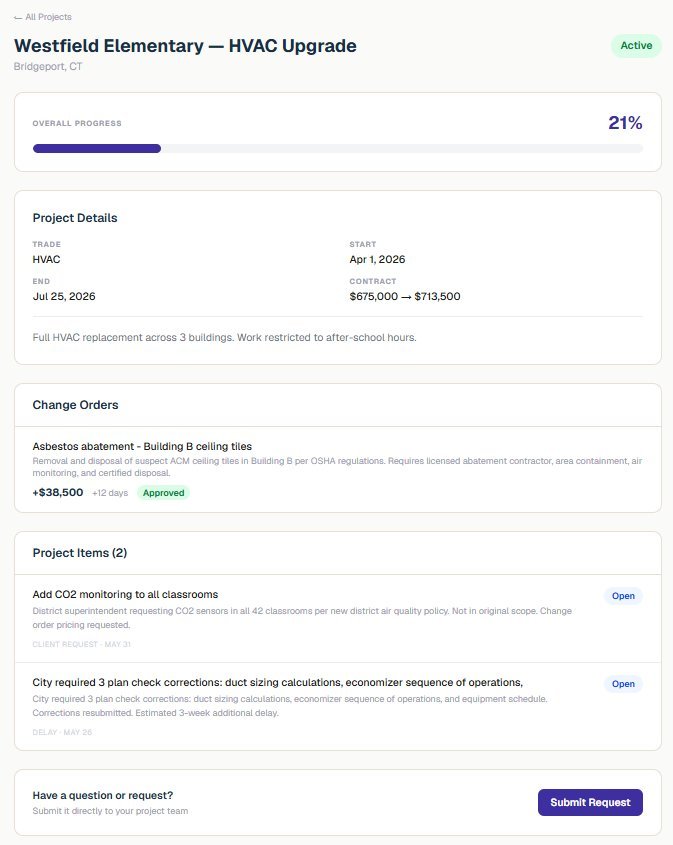 Client portal — project detail with change orders