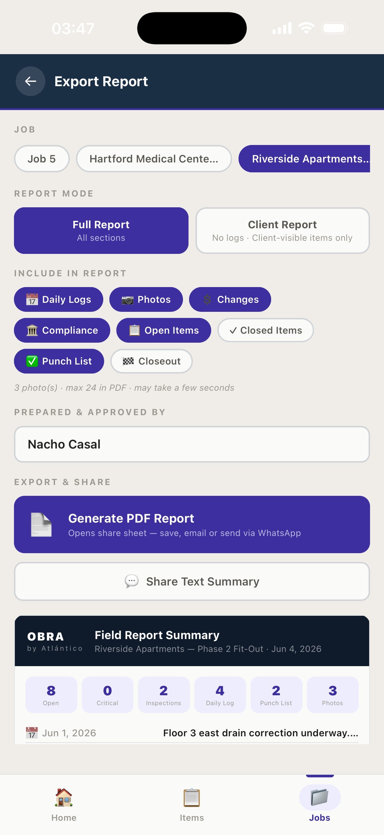 Export report screen