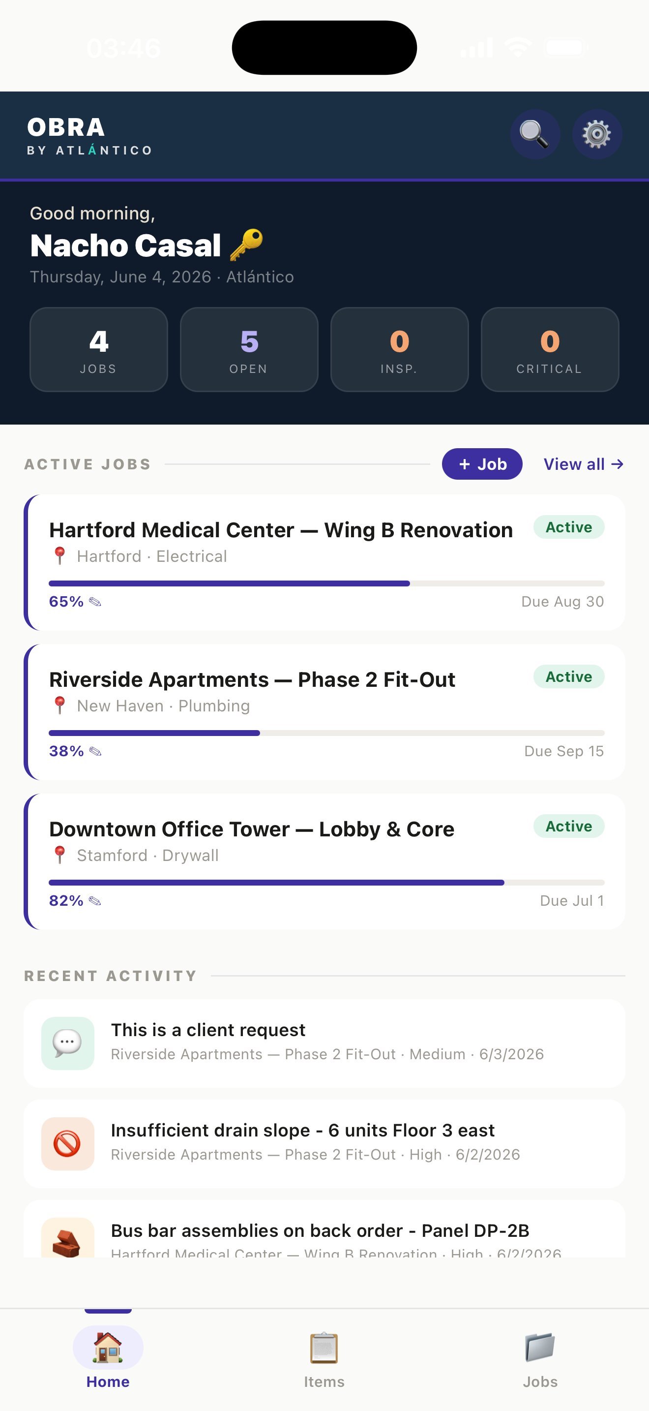 Obra home screen — active jobs