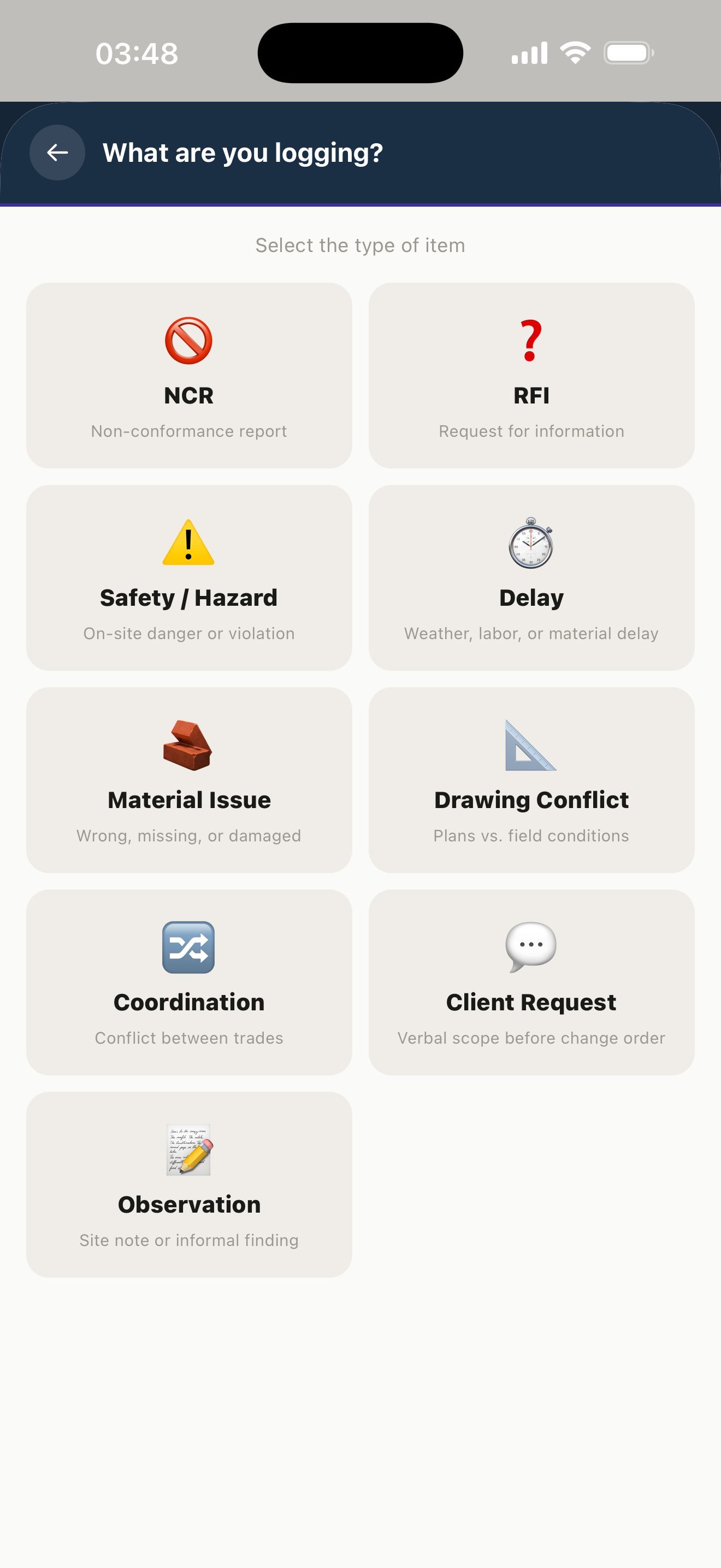Item type picker showing all nine types